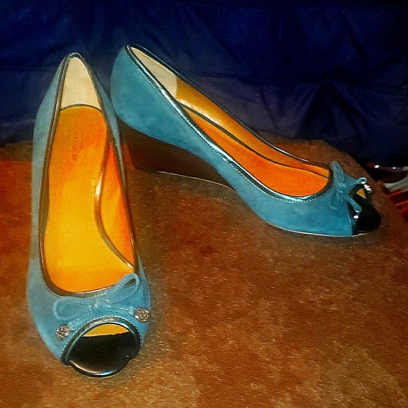 COACH SUEDE TEAL WEDGE HEELS 9 cy - Picture 1 of 7